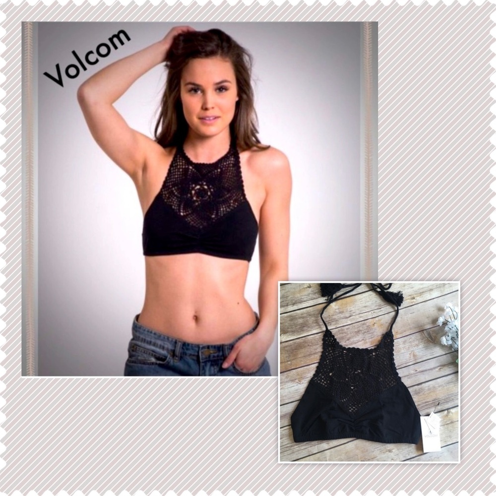 VOLCOM | Black Crochet Flower Halter Top Bralette NEW